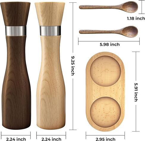 Kitchen Wooden Salt and Pepper Grinder Set: Refillable Salt & Pepper Mills Adjust for Customized Coarseness, 9" 5PC with Tray & Spoons,Non-Slip Base-Kitchen Counter Decor in Saudi Arabia