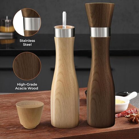 Kitchen Wooden Salt and Pepper Grinder Set: Refillable Salt & Pepper Mills Adjust for Customized Coarseness, 9" 5PC with Tray & Spoons,Non-Slip Base-Kitchen Counter Decor in Saudi Arabia