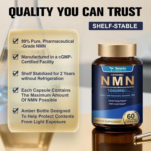 Totaria 14-in-1 Liposomal NMN Supplement 1000mg, 99% Pure NMN Resveratrol Complex with TMG, Quercetin, CoQ10, ALA, PQQ, Support NAD+ Levels, Healthy Aging, Stabilized 60 Veggie Capsules, cGMP in Saudi Arabia