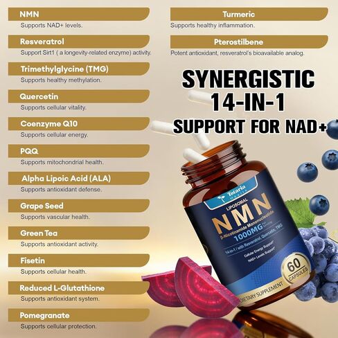 Totaria 14-in-1 Liposomal NMN Supplement 1000mg, 99% Pure NMN Resveratrol Complex with TMG, Quercetin, CoQ10, ALA, PQQ, Support NAD+ Levels, Healthy Aging, Stabilized 60 Veggie Capsules, cGMP in Saudi Arabia