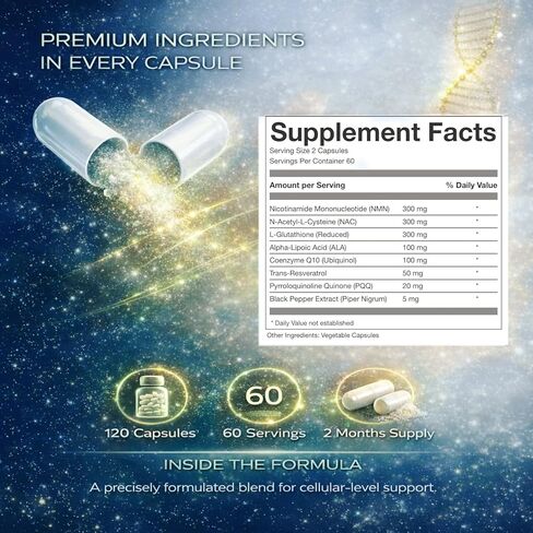 NMN + L-Glutathione Supplement – NAD+ Support, Mitochondrial Energy & Antioxidant Defense with CoQ10, NAC, PQQ & Alpha Lipoic Acid – 120 Capsules. Refill Pack in Saudi Arabia