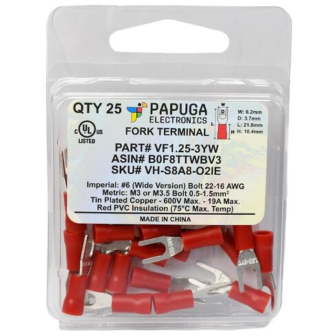 PAPUGA 25PCS 20-16 AWG #6 / M3.5 Wide Version Insulated Fork Spade Crimp Connector, 600V 19A, UL cUL Power Lug for Inverter Solar & Marine Wiring, Automotive & Marine in Saudi Arabia