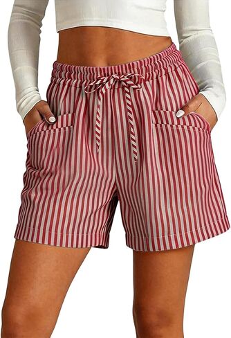 Striped Linen Shorts for Women Drawstring High Waisted Bermuda Shorts Summer Casual Loose Fit Bottoms with Pockets in Saudi Arabia