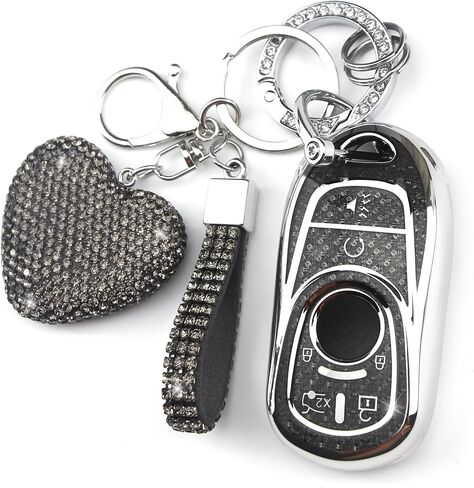 Key Fob Cover with Diamond Keychain Car Key Holder Case Compatible with Buick GX Enclave Encore LaCrosse Regal Envision Tourx GL8 Smart Remote Key Protector for Women, 6 Buttons (White-Heart) in Saudi Arabia