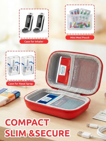 auvi q Carrying case Red Auvi Q Carrying Case for 2 Auvi-Q Injectors, Hard Shell Emergency Medicine Bag with Carabiner. Fits Trainer Pens, Nasal Spray, Asthma Inhaler, Allergy & First Aid Pouch. in Saudi Arabia