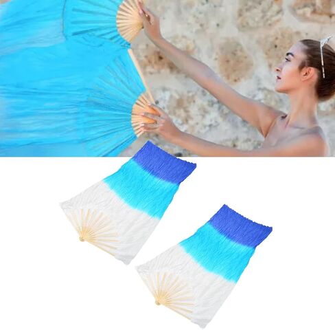 1.5m Artificial Silk Belly Dance Fan, Lightweight Handcrafted Yangko Design for Square Dancing and Performances, White Cyan Blue, Made of Bamboo and Artificial Silk in Saudi Arabia