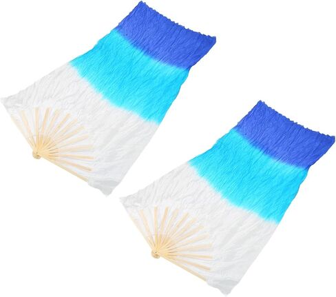 1.5m Artificial Silk Belly Dance Fan, Lightweight Handcrafted Yangko Design for Square Dancing and Performances, White Cyan Blue, Made of Bamboo and Artificial Silk in Saudi Arabia