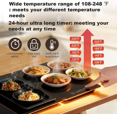 Electric Heating Tray, Food Warmers for Parties Buffet with 8-Level Temperature Adjustment and 24-Hour Timer, Upgraded Glass Electric Food Warmers, Upgraded Desktop-Protecting Food Warming Mat in Saudi Arabia