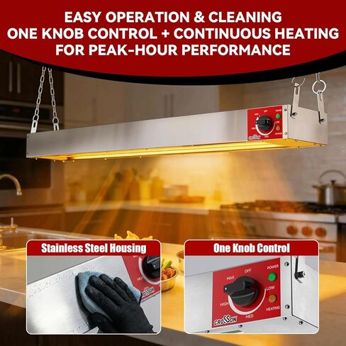CROSSON Electric Overhead Strip Heater Commercial,60 Inch Food Heat Lamp with German EGO Thermostat,Suspended Chain and Undermount Brackets,Food Warming Lamp Heater for Catering Kitchen 1550W in Saudi Arabia