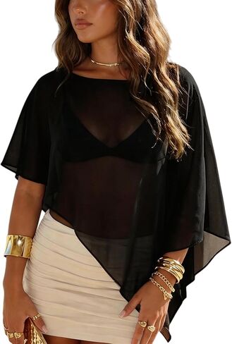 Alyweatry Women Chiffon Cape Shawls and Warps for Evening Dress Wedding Sheer Mesh Flowy Capelets Top in Saudi Arabia