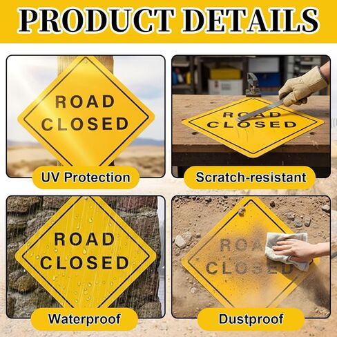 Zonon 3 PCS Aluminum Road Closed Sign - 24" x 24" Engineer Grade Reflective Laminated Material Warning Road Sign with Pre-Drilled Holes for Construction Sites, Driveways and Streets in Saudi Arabia