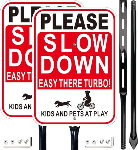 2 Pack Please Slow Down Sign with 36-Inch Heavy Metal Stakes, Kids and Pets at Play Safety Signs, 14x10 Inches Reflective Aluminum in Saudi Arabia
