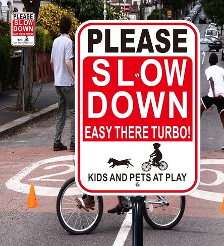 2 Pack Please Slow Down Sign with 36-Inch Heavy Metal Stakes, Kids and Pets at Play Safety Signs, 14x10 Inches Reflective Aluminum in Saudi Arabia