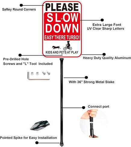 2 Pack Please Slow Down Sign with 36-Inch Heavy Metal Stakes, Kids and Pets at Play Safety Signs, 14x10 Inches Reflective Aluminum in Saudi Arabia