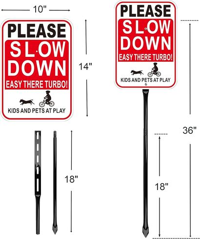 2 Pack Please Slow Down Sign with 36-Inch Heavy Metal Stakes, Kids and Pets at Play Safety Signs, 14x10 Inches Reflective Aluminum in Saudi Arabia