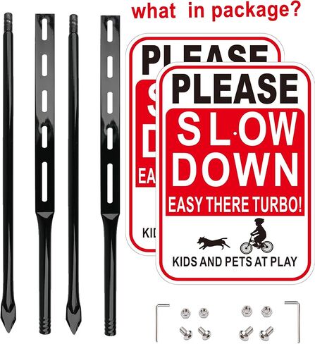 2 Pack Please Slow Down Sign with 36-Inch Heavy Metal Stakes, Kids and Pets at Play Safety Signs, 14x10 Inches Reflective Aluminum in Saudi Arabia