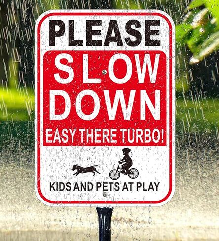 2 Pack Please Slow Down Sign with 36-Inch Heavy Metal Stakes, Kids and Pets at Play Safety Signs, 14x10 Inches Reflective Aluminum in Saudi Arabia