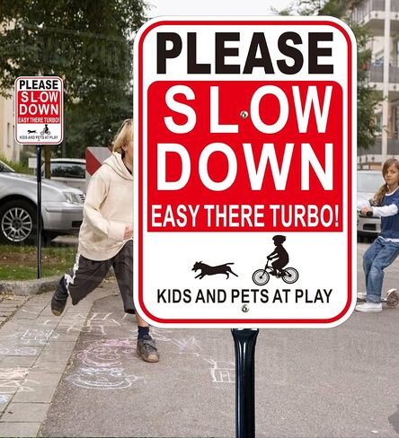 2 Pack Please Slow Down Sign with 36-Inch Heavy Metal Stakes, Kids and Pets at Play Safety Signs, 14x10 Inches Reflective Aluminum in Saudi Arabia