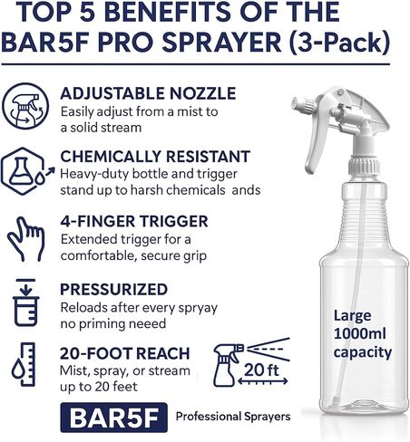 Bar5F Professional Spray Bottles, 32oz, 3-Pack, Chemical Resistant, Adjustable Nozzle, 20ft Reach in Saudi Arabia