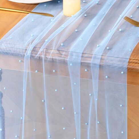 MLMC 3Pcs Light Blue Pearl Table Runner Boho Rustic Tulle Table Runner with Pearls 10ft 29"x120" Cheesecloth Table Decor for Wedding Baby Shower Anniversary Home Decoration in Saudi Arabia