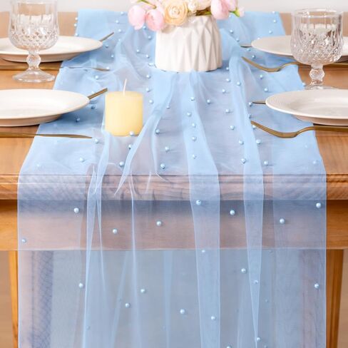 MLMC 3Pcs Light Blue Pearl Table Runner Boho Rustic Tulle Table Runner with Pearls 10ft 29"x120" Cheesecloth Table Decor for Wedding Baby Shower Anniversary Home Decoration in Saudi Arabia