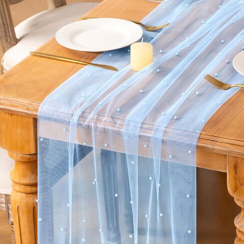 MLMC 3Pcs Light Blue Pearl Table Runner Boho Rustic Tulle Table Runner with Pearls 10ft 29"x120" Cheesecloth Table Decor for Wedding Baby Shower Anniversary Home Decoration in Saudi Arabia