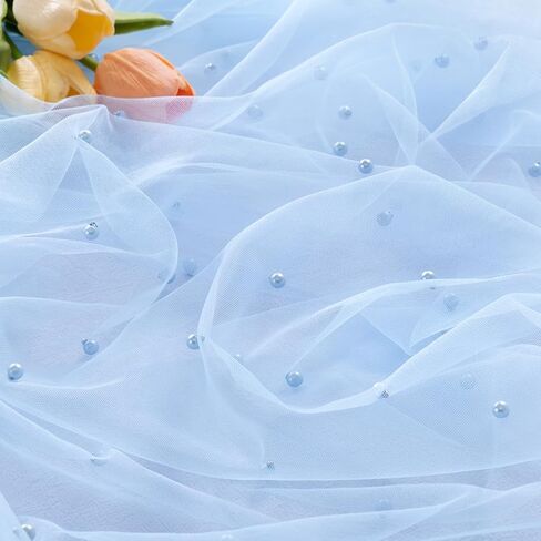 MLMC 3Pcs Light Blue Pearl Table Runner Boho Rustic Tulle Table Runner with Pearls 10ft 29"x120" Cheesecloth Table Decor for Wedding Baby Shower Anniversary Home Decoration in Saudi Arabia