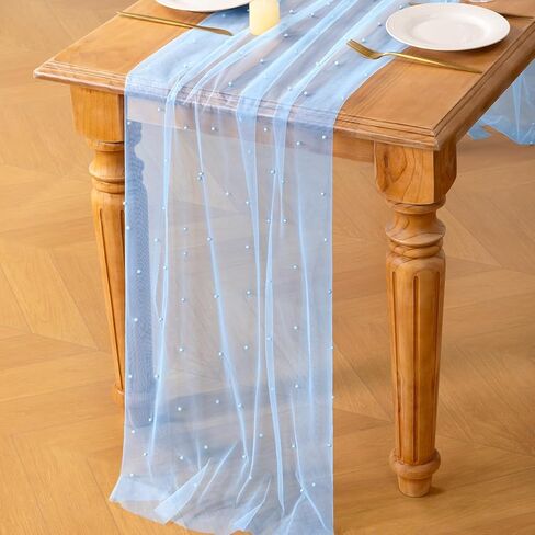 MLMC 3Pcs Light Blue Pearl Table Runner Boho Rustic Tulle Table Runner with Pearls 10ft 29"x120" Cheesecloth Table Decor for Wedding Baby Shower Anniversary Home Decoration in Saudi Arabia