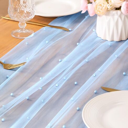 MLMC 3Pcs Light Blue Pearl Table Runner Boho Rustic Tulle Table Runner with Pearls 10ft 29"x120" Cheesecloth Table Decor for Wedding Baby Shower Anniversary Home Decoration in Saudi Arabia