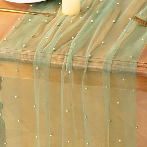 MLMC 3Pcs Light Blue Pearl Table Runner Boho Rustic Tulle Table Runner with Pearls 10ft 29"x120" Cheesecloth Table Decor for Wedding Baby Shower Anniversary Home Decoration in Saudi Arabia