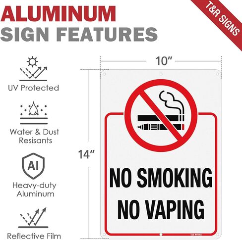 T&R No Smoking Sign for Business, No Vaping Sign - 2 Pack - 10 x 7 Inches Rust Free .040 Aluminum - Reflective, UV Protected, Waterproof and Fade Resistant - 6 Pre-Drilled Holes in Saudi Arabia