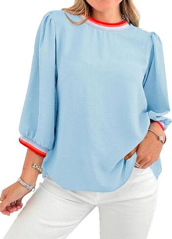 Tankaneo Womens Crew Neck Tunic Tops Casual Loose Fit Color Block Blouse 3/4 Puff Sleeve Textured Shirts in Saudi Arabia