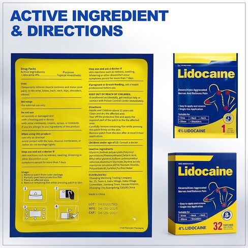 4% Lidocaine Maximum Strength Pain Relief Gel Patches with Auxiliary Patches for Neck Back Knee Joint Ache Muscle Soreness, 3.9" x 5.5", 32-Count Box, NDC：83559-010-01 in Saudi Arabia