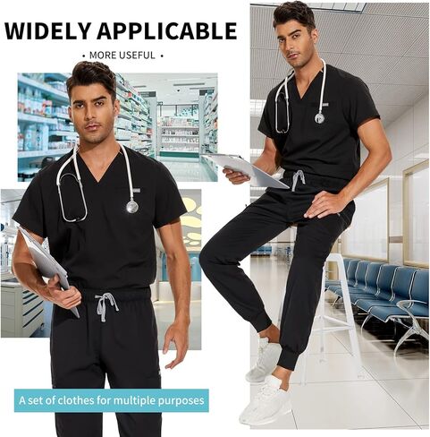 مجموعة VIAOLI Scrubs للرجال مجموعة فرك على شكل حرف V وسروال ركض 8 جيوب البضائع بوتون التمريض التخليص مجموعات الزي الطبي in Kuwait