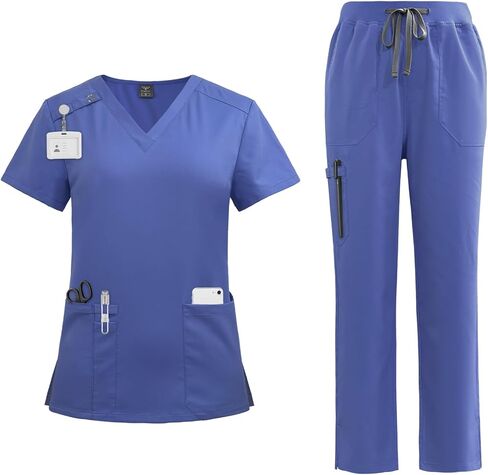 مجموعة VIAOLI Scrubs للنساء - بلوزة عصرية برقبة على شكل حرف V وسراويل رياضية مدببة بجيوب متعددة زي التمريض in Kuwait