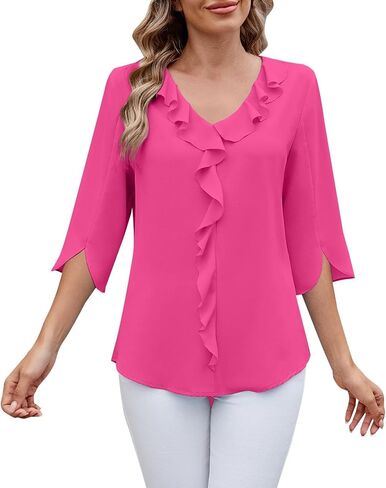 Womens Dressy Casual Blouses 3/4 Sleeve V Neck Ruffle Tops Trendy Summer Outfits Business Work Beach Shirts in Saudi Arabia
