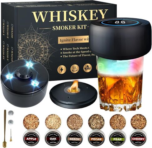 Electric Whiskey Smoker Kit with Led Lights, No Butane Needed, Cocktail Old Fashioned Bourbon Drink Smoker Kit, 6 Flavors Natural Wood Chips, Bourbon Whiskey Gifts for Men, Dad, Husband in Saudi Arabia