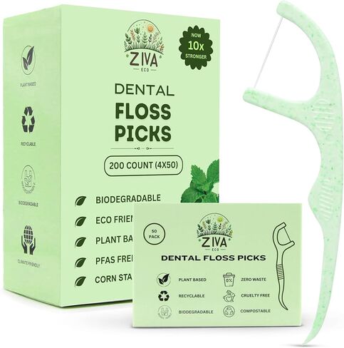 Dental Floss Picks – Biodegradable Mint, PFAS-Free & Plastic-Free | Shred-Resistant Thread | Unbreakable Corn-Starch Handle for Tight Teeth | 200 Count (4 Packs) in Saudi Arabia