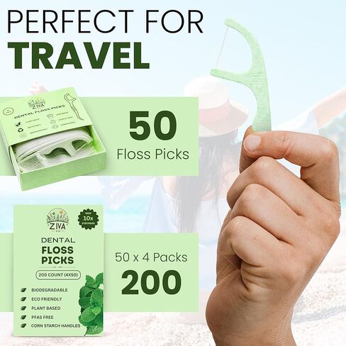 Dental Floss Picks – Biodegradable Mint, PFAS-Free & Plastic-Free | Shred-Resistant Thread | Unbreakable Corn-Starch Handle for Tight Teeth | 200 Count (4 Packs) in Saudi Arabia