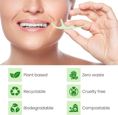 Dental Floss Picks – Biodegradable Mint, PFAS-Free & Plastic-Free | Shred-Resistant Thread | Unbreakable Corn-Starch Handle for Tight Teeth | 200 Count (4 Packs) in Saudi Arabia