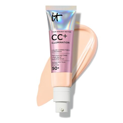 كريم إضاءة CC+ من IT Cosmetics - كريم أساس مشع بتغطية كاملة مع عامل حماية من الشمس 50+، مصحح اللون ومصل مرطب مضاد للشيخوخة، كولاجين متحلل + الببتيدات، للبشرة العادية إلى الجافة - 1.08 أونصة سائلة in Kuwait