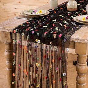 QueenDream Floral Tulle Table Runner 10FT Champagne Embroidery Daisy Spring Summer Table Linens Sheer Gauze Table Fabric Decorations for Home Wedding Tea Party Birthday in Saudi Arabia
