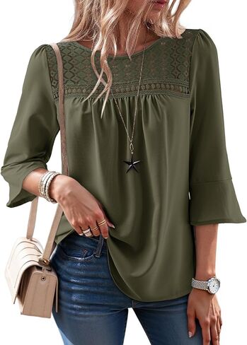 Dokotoo Women's 3/4 Sleeve Crewneck Casual Ruffle Shirts 2026 Chiffon Boho Lace Trendy Blouses Tops in Saudi Arabia
