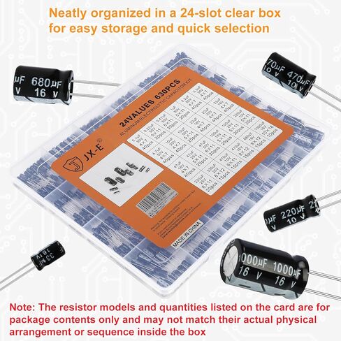 JX-E 24 Value Aluminum Electrolytic Capacitor Assortment Kit 630 pcs 0.1μF-1000μF Radial Electrolytic Capacitors for DIY Electronics, Repair & Projects in Saudi Arabia