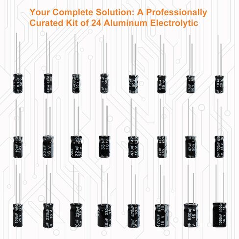 JX-E 24 Value Aluminum Electrolytic Capacitor Assortment Kit 630 pcs 0.1μF-1000μF Radial Electrolytic Capacitors for DIY Electronics, Repair & Projects in Saudi Arabia