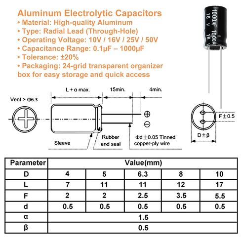 JX-E 24 Value Aluminum Electrolytic Capacitor Assortment Kit 630 pcs 0.1μF-1000μF Radial Electrolytic Capacitors for DIY Electronics, Repair & Projects in Saudi Arabia