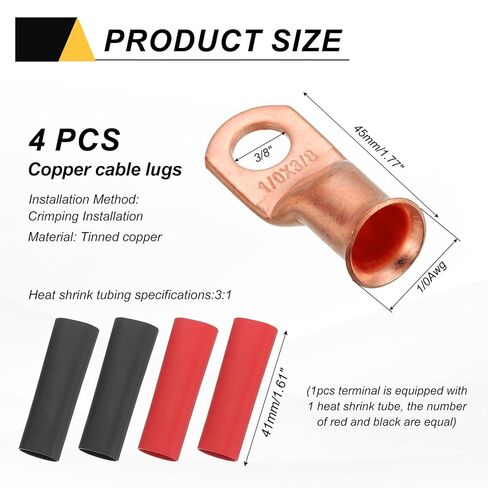Generic 4pcs 1/0 AWG M10 Battery Lugs Ring Terminals, 3/8" 10mm Stud Crimp Wire Terminal Connector End Copper, 3:1 Heat Shrink Tubing, Gold in Saudi Arabia
