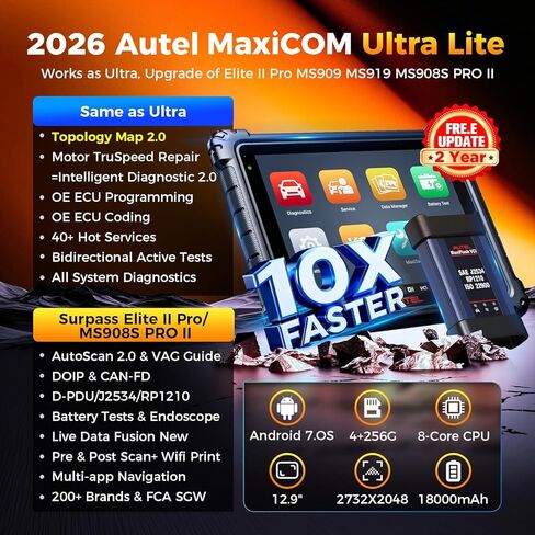 الماسح الضوئي Autel MaxiCom Ultra Lite: تحديث مجاني لمدة عامين، ترقية جديدة لعام 2025 لـ MS919/Elite II Pro/MS909، مثل MaxiSys Ultra، إصلاح Motor TruSpeed، رسم الخرائط الطوبولوجية، البرمجة والترميز، أكثر من 40 خدمة in Kuwait