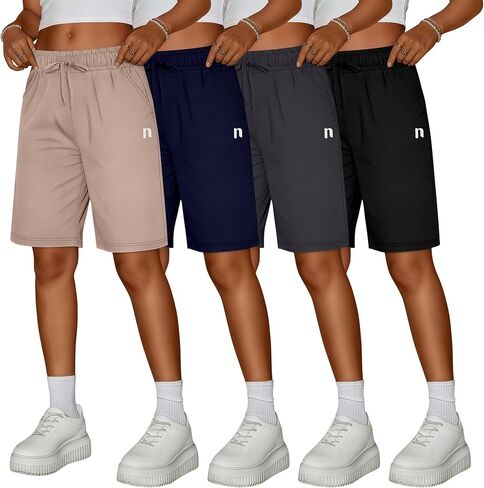 Neer 4 Pack Women's Bermuda Shorts Cotton High Waisted Drawstring Casual Loose Athletic Knee Length Shorts with Pockets in Saudi Arabia