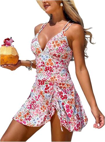 Floerns Women's One Piece Swim Dress Swimsuit Floral Drawstring Vacation Swimdress Skirt in Saudi Arabia